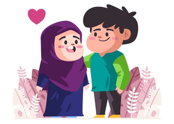 Pasangan dengan hijab ungu dan kemeja hijau terlihat seperti bahagia dan romantis kartun warna datar terisolasi latar belakang vektor ilustrasi - Stok Vektor