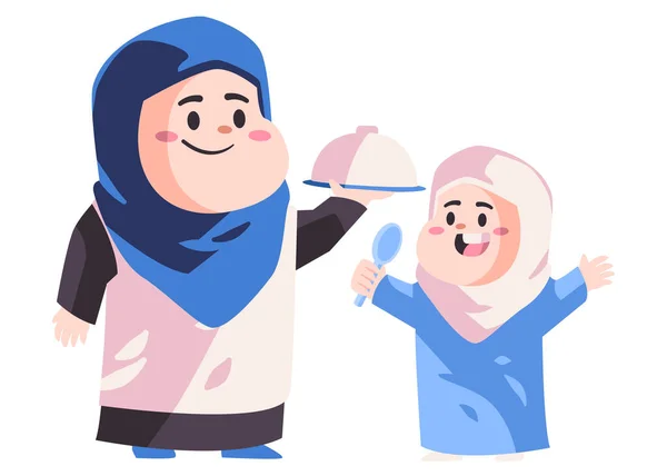 Muslim wanita dan anak perempuan dengan hijab biru melayani makanan di tangan ibu bermain dengan anak-anak modern warna kartun terisolasi latar belakang vektor ilustrasi - Stok Vektor