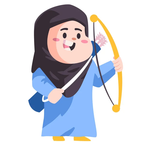 Mulher muçulmana crianças crianças com hijab e vestido azul está segurando um arco em um torneio de tiro com arco moderna cor dos desenhos animados isolado fundo vetor ilustração — Vetor de Stock