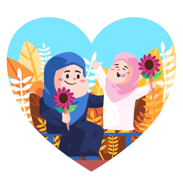 Mamma e capretto giocare con amore in il giardino colorfull fiore cartone animato piatto colore isolato sfondo vettore illustrazione — Vettoriale Stock
