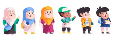 İslami okul öğrencileri, renkli moda dünyasına ve kitaplara sahip çocuklar koleksiyoncu çocuklar modern renk izole arka plan illüstrasyonları.