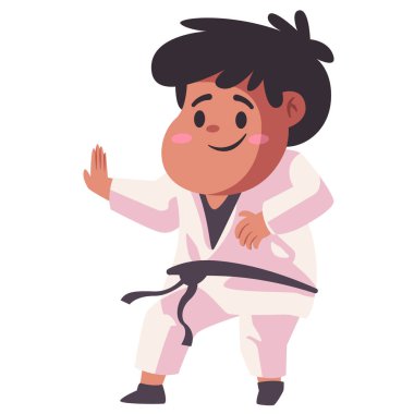 Çocuklar beyaz kimono egzersizi kullanarak karate dövüş sanatları karikatürü düz renk izole arka plan çizimi yapıyor.