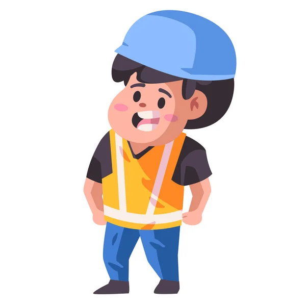 Hombre niños niños con casco azul que trabajan en el proyecto de construcción de dibujos animados de seguridad de color plano aislado ilustración vector de fondo — Vector de stock