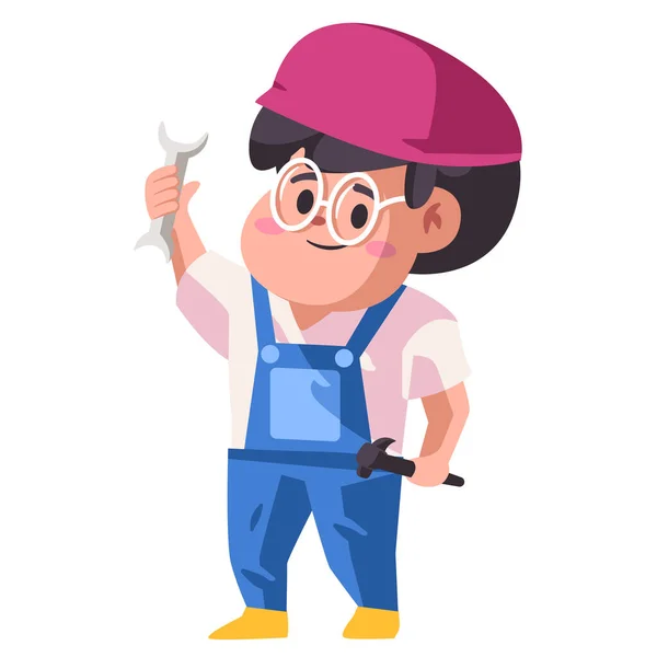 Mecánico niños uniforme azul está sosteniendo destornillador y martillo para reparar motores de color plano aislado fondo vector ilustración — Vector de stock