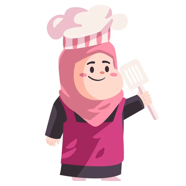 Muslimische Frau mit rosa Schürze Hijab und Hut halten auf Kochutensilien moderne Farbe isoliert Hintergrund Vektor Illustration — Stockvektor