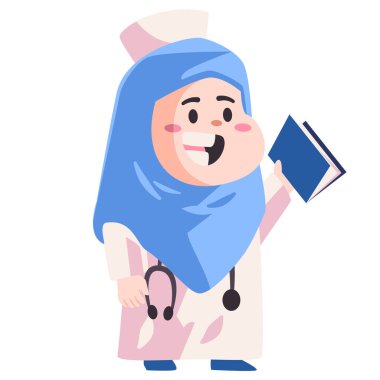 Mavi tesettürlü Müslüman kadın hemşire hasta çizgi film düz renk izole arka plan illüstrasyonunun tıbbi kayıtlarını tutuyor.