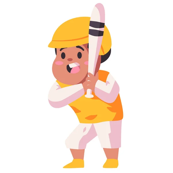 Niños niños juegan béisbol con casco amarillo y traje sosteniendo murciélago color plano aislado vector de fondo ilustración — Vector de stock