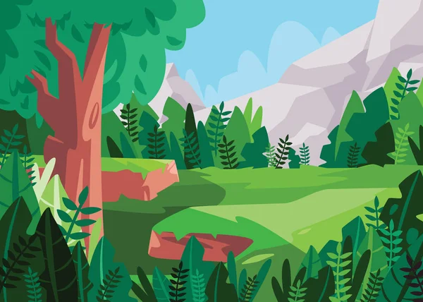 Tájkép hegy nagy fa körülvett kis növények zöld színű és a fű mezők kék ég fehér felhők üres nopeople rajzfilm lapos színes illusztráció — Stock Vector