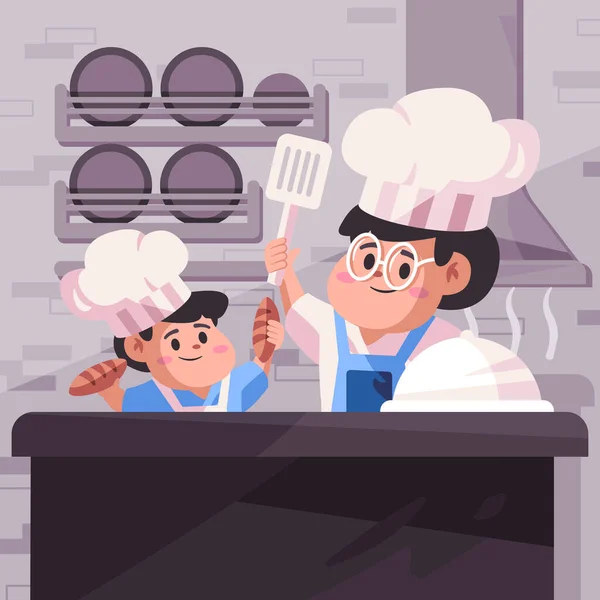 Cheff mit weiß-blauem Kostüm ist Unterricht für Schüler, wie man Rezept in Küche Cartoon flache Farbe Stil isoliert Hintergrundillustration kochen — Stockvektor