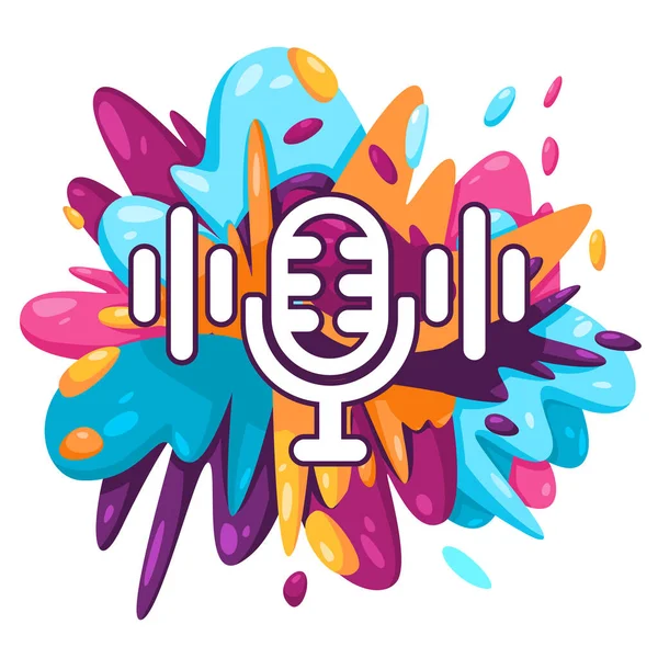 Podcast mikrofon rekord rádió hang média ikon színes splat festék folyadék fröccsenő tinta splash design kreatív illusztráció — Stock Vector