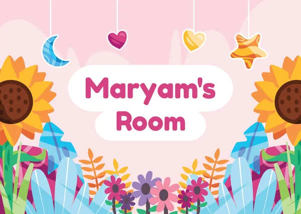 Template text with illustration of sprieng field floral full of sun flower aky with pinkcolor girly design children room — Vetor de Stock