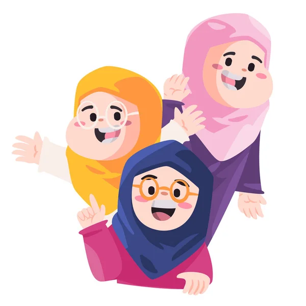Girls children laughing have fun smile together female Islam wearing veil hijab - Stok Vektor