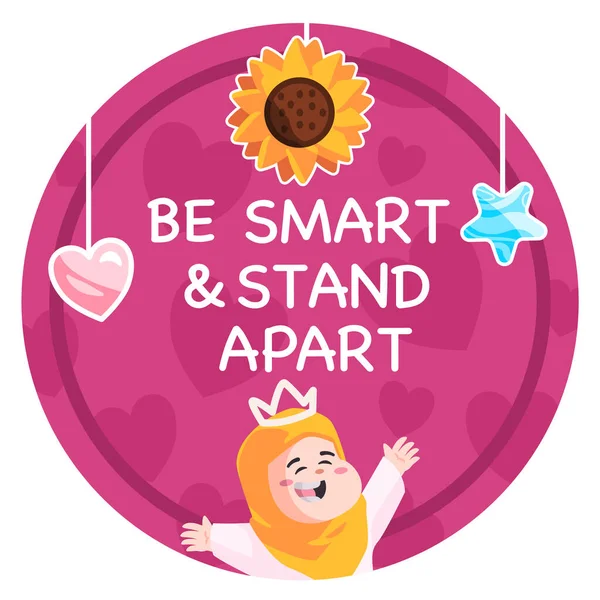 Be smart and stand apart round sticker of muslim girl greetings wearing veil kids purple color vector graphic template — стоковый вектор