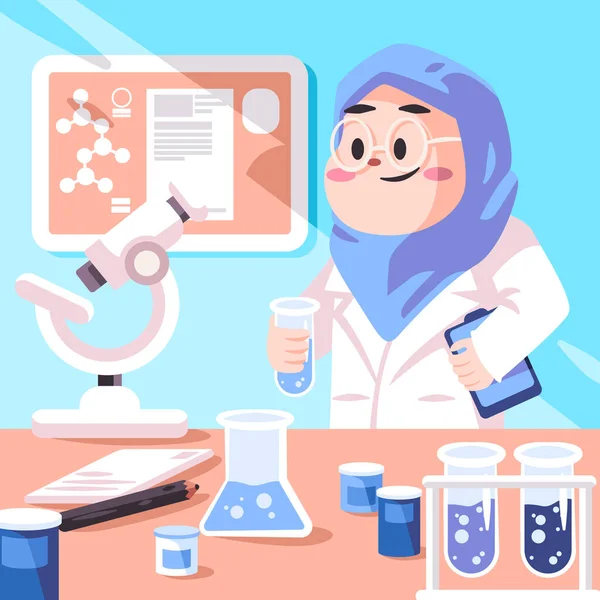 Mulher cientista muçulmano vestindo véu hijab trabalhando no laboratório cientista em laboratório com equipamento microscópio frasco químico —  Vetores de Stock