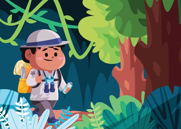 Boys children walking in forest wild jungle wearing hat bag binocular outdoor trecking activity summer drawing illustration cartoon — Stock Vector