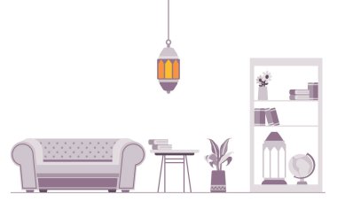 İç mekan illüstrasyon odası boş kanepe beyaz gri fener avizesi avizesi ve İslami Ramadhan sembolü ile kutlama.