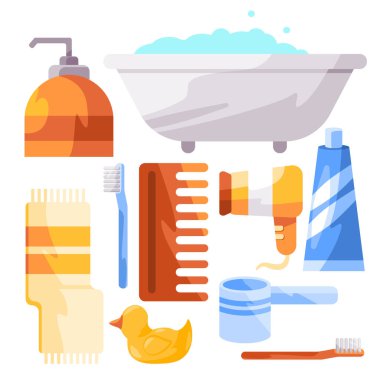 Banyo nesnesi koleksiyonu, çocukların çocuk stili saç kurutma makinesi ve tarak renginde.