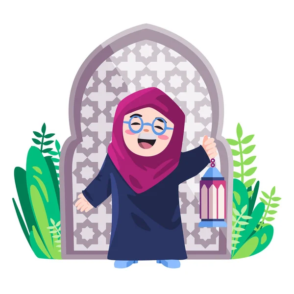 Gadis salam ramadan mubarak merayakan Ied Islam di depan masjid gerbang anak-anak senang mengenakan jilbab - Stok Vektor