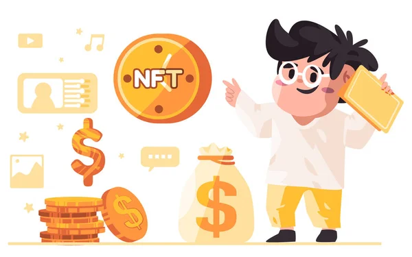 NFT non funtual token ділова монета Людина говорить про представлення показує багато грошових грошей — стоковий вектор