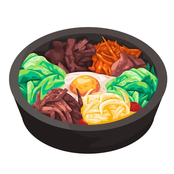 Bibimbap geleneksel Güney Kore mutfağı sebzeleri kimchi pilavı ve yumurta sarısı çizimi