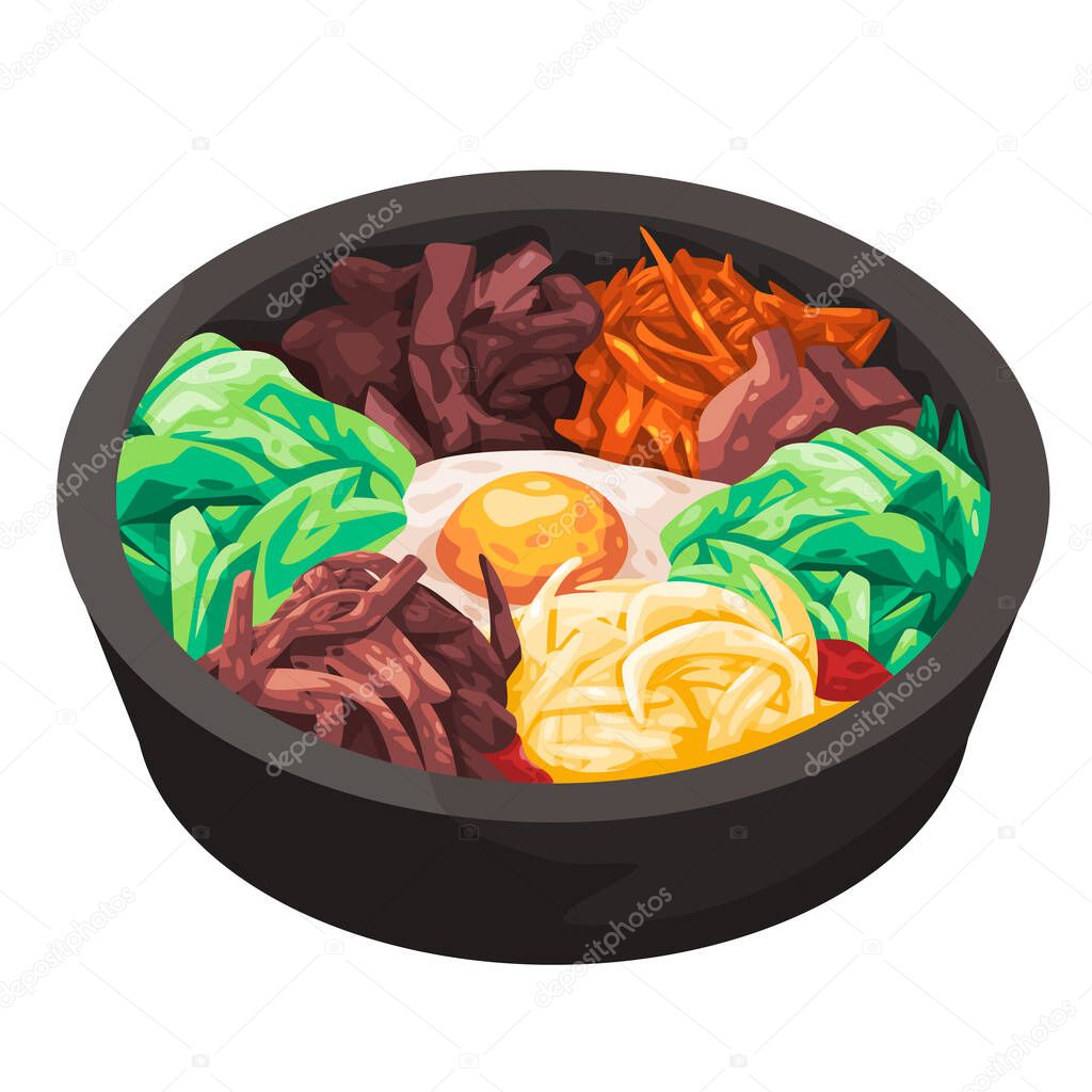 Bibimbap traditional south korean cuisine vegetables kimchi rice and yolk food drawing illustration