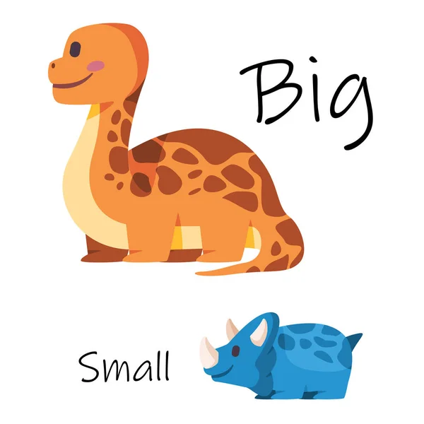 Comparación grande vs pequeña entre los grandes brontosaurios dinosaurios y los pequeños triceratops ilustración gráfica infantil colorida — Vector de stock