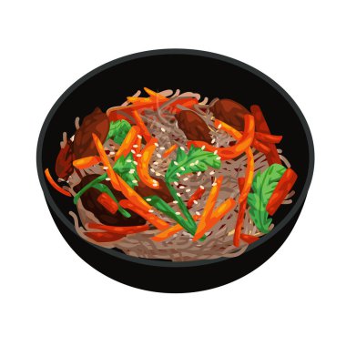 Japchae Kore yemekleri. Cam erişteden yapılmış. Sebze ve geleneksel Asya bifteği kasesiyle kızartılmış.