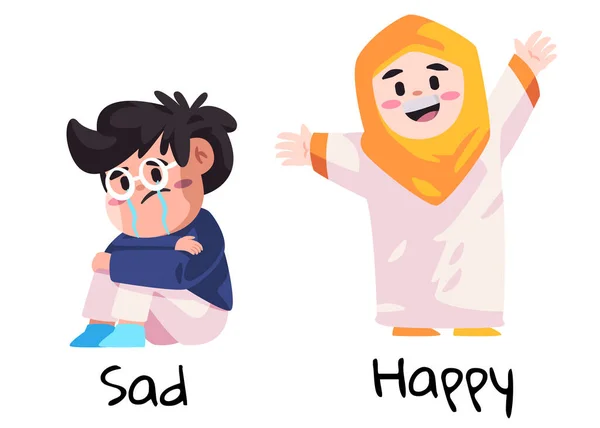 Сумне і щасливе вираження хлопчиків і дівчат у вуаль хіджаб мусульманські діти настрій мультяшна ілюстрація — стоковий вектор