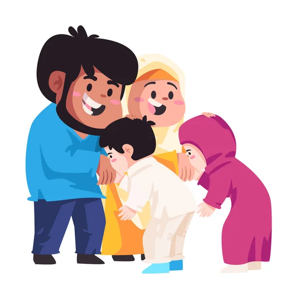 Bambini bambino spettacolo rispetto baciare genitori mano illustrazione di ramadan ied islamica gesto tradizione a padre e madre — Vettoriale Stock