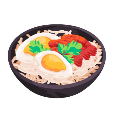 Erişte ve yumurtalı ramen geleneksel Çin yemeği çizimi.