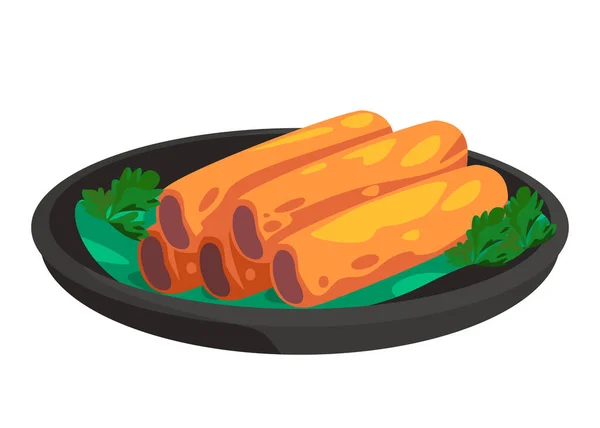 Spring roll lumpia gebakken voorgerecht in plaat aziatische voedsel grafische illustratie — Stockvector