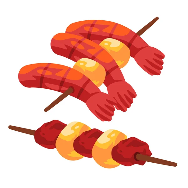 Prawn shrimp skewer meat barbeque satay stick traditional chinese asian food drawing illustration — Stock Vector