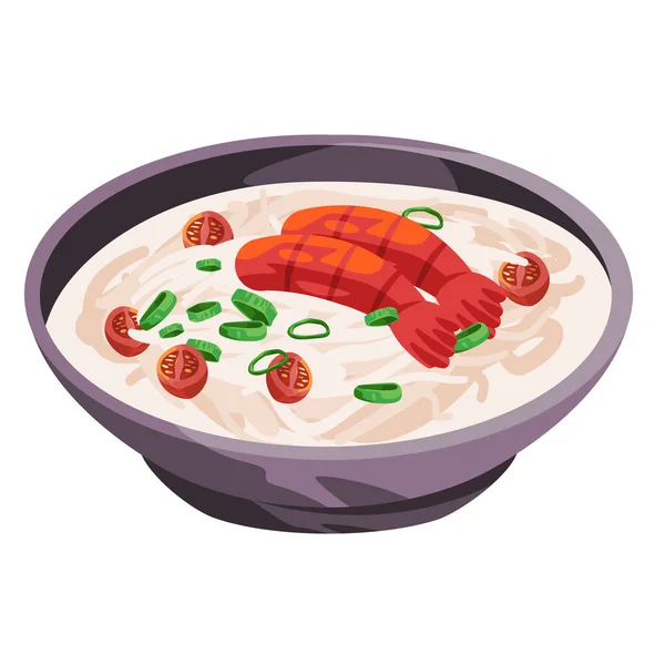 Sopa de gambas con gachas de leche de coco blanco tradicional chino comida asiática dibujo ilustración — Vector de stock