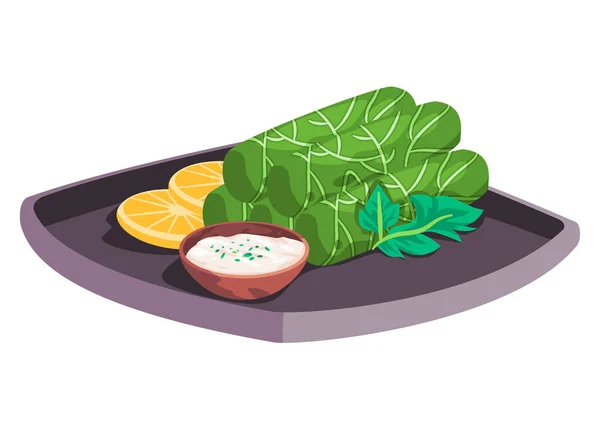 돌 마 석마 잎으로 쌀을 싸서 만든 전통적 인아 라브 중앙 음식 그림 — 스톡 벡터
