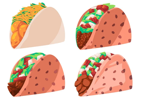 Taco meksiko makanan cepat saji Amerika Selatan tortilla keju daging menggambar ilustrasi - Stok Vektor