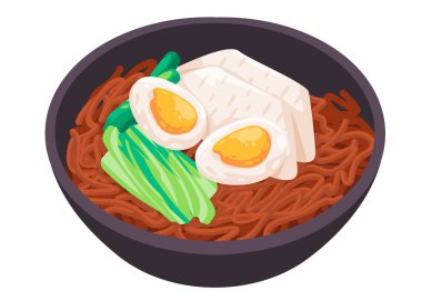 Naengmyeon kimchi eriştesi yumurta ve sebzeli Güney Kore yemekleri kasesinde.
