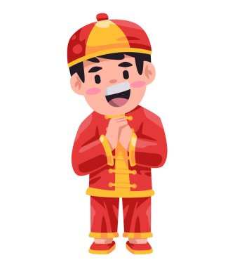 Çocuklar çocuklar geleneksel Çin kostümü giymiş kırmızı ve altın renkli karşılama festivali mutlu bir gülümsemeyle karşılanıyor.