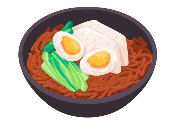 Naengmyeon Kimchi Nudel in einer Schüssel mit Ei und Gemüse südkoreanischen Speisen — Stockvektor