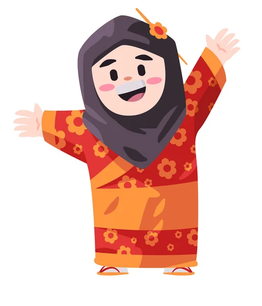 子供日本の着物を着た女の子の子供日本の伝統衣装イスラム教徒のベールの挨拶笑顔で祭りを歓迎 — ストックベクタ