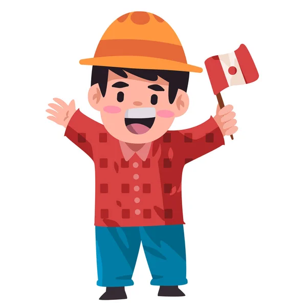 Canadese kids jongens kinderen dragen Canada traditionele kostuummet hoed en vlag begroetingen gastvrij festival met glimlach blij — Stockvector