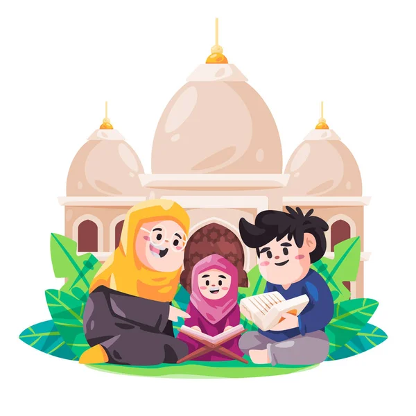 Kuran-ı Kerim 'i okuyun. Kutsal kitap. Anne ve çocukları caminin önünde.