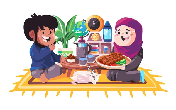 Pasangan ifthar makan istirahat puasa ramadhan makan bersama-sama mengumpulkan wanita dan ayah - Stok Vektor