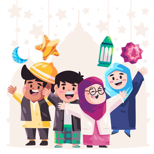 Anak-anak salam Ramadhan bahagia Ied Mubarak berdiri tersenyum ilustrasi kelompok bersama-sama gambar tangan berwarna-warni - Stok Vektor