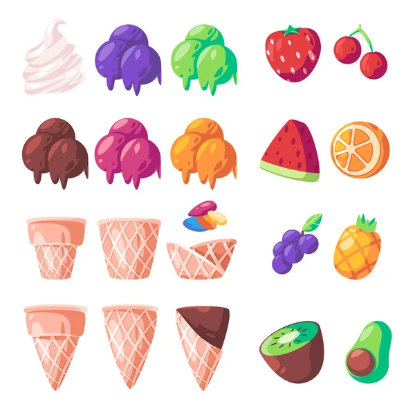 Ice cream various set collection of cone scoope and fruit colorful editable game set — Vetor de Stock