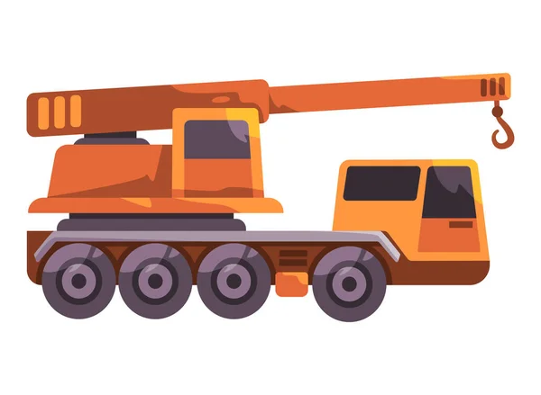 Grúa camión constructor construcción vehículo envío elevación excavación ilustración amarillo juguete — Vector de stock
