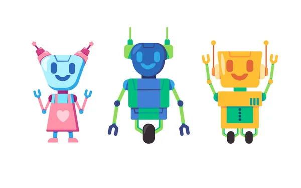 Χαριτωμένο Και Φιλικό Ρομπότ Clipart Συλλογή Από Ανθρωποειδή Πολύχρωμα Παιχνίδια — Διανυσματικό Αρχείο