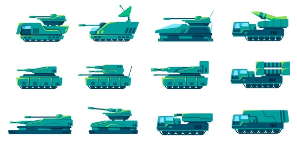 Military Armored Vehicle Tank Heavy Army Transportation Set Collection Green — 스톡 벡터