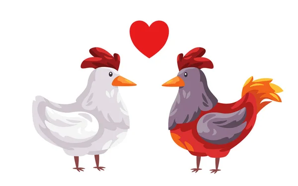 Chicken Rooster Fall Love Couple Heart Shape Symbol Two Hen — Stock vektor
