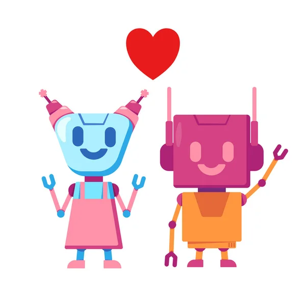 Robots fall in love show emotion heart shape cute humanoid romance character in vector
