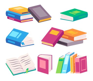 Kitap yığını renk dolu ders kitabı sözlüğü içerir bazı açık mod çizgi film düz renk çizimi
